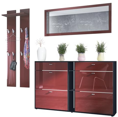 Vladon Garderoben-Set Orlando mit Schuhschrank, Made in Germany, Wandpaneel und Wandspiegel, Schwarz matt/Bordeaux Hochglanz