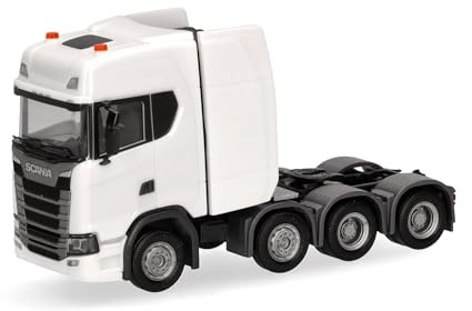 Herpa LKW Modell Scania CS20 Hochdach Schwerlastzugmaschine 4achs (8x4), Zugmaschine mit Ladekran und Heckabstützung, Miniatur im Maßstab 1:87, Sammlerstück, Made in Germany, Kunststoff