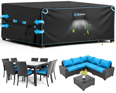 Duerer Copertura Tavolo Esterno Impermeabile 200x200x90cm, Copertura per Mobili da Giardino, 420D Oxford Telo Copritavolo Rettangolare da Esterno Anti-UV Antivento Antipolvere Copri Divano