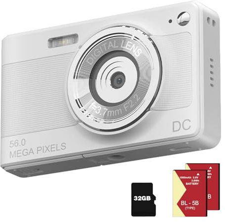 Appareil photo numérique 1080p FHD compact 56 MP Caméra de vlogging simple avec carte TF 32 G 2 batteries portable pour enfants, adolescents, personnes âgées et débutants (blanc)