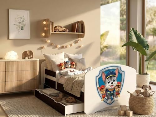 Happy Babies Kinderbett - Mit Matratze & Schublade und Rausfallschutz, 70x140, Mädchen Kinderbetten & Jugendbett Jungen Kids Bed, Jugendbett für Bodentief Ausziehbett Kleinkind, Lattenrost (Venge)