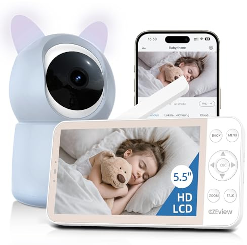 CZEview BM6-babymonitor med kamera 2K&4X zoom, 5,5-tums HD-LCD-skärm, babymonitor med app, nattsikt, rörelse och ljud- och temperaturdetektering, 2-vägssamtal, 360° vy, musik och nattlampa