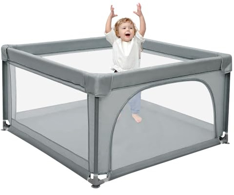 Baby Laufstall, Laufgitter klappbar, Ein-Knopf-Faltung & Sicherheitsschlössern, Krabbelgitter mit Netz & Reißverschluss, Laufgitterzelt für Kleinkinder,120 * 120 * 66 cm-dunkelgrau