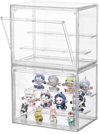 Clear Acrylic Display Case,2 Pack 3 Tier Adjustable Display Box Stand with 2 Movable Plates, Small Showcase Magnetic Door for Mini Action Figures Collectibles (Small