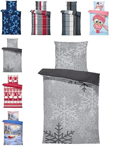 one-home Winter Bettwäsche Thermo Fleece Kuschelig Warme Bettbezüge Flauschig Warm Weich, Größe:2 teilig 135x200 cm, Farbe:Schneeflocken Kristalle grau