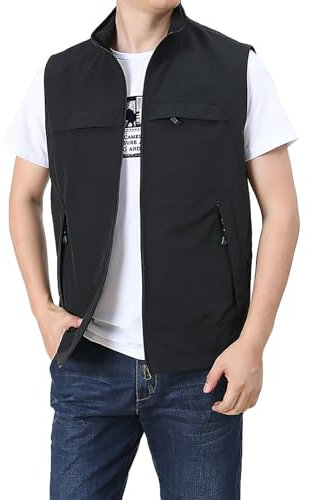 Herren-Outdoor-Weste, Herren-Reiseweste mit mehreren Taschen, leichte, ärmellose Jacke zum Wandern, Fleece-gefüttert, ärmellose Jacke zum Laufen, Laufen, Schwarz , M