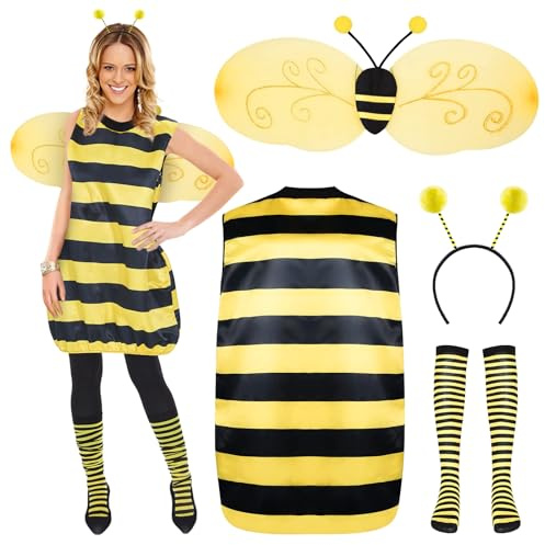 YQBFB Disfraz de Abeja para Mujer Adulto: Disfraz Abeja Mujer de Carnaval con Alas Diadema y Medias a Juego - Ideal para Halloween Cosplay y Fiestas a Tema