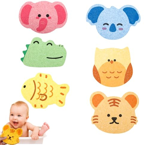 Benaewa 6 Pcs Baby Bath Sponge Set, Adorable Cartoon Animal Shaped, Soft & Gentle Kids Bath Sponges