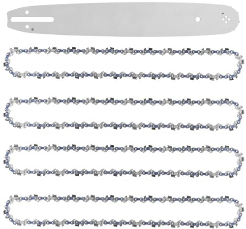 Catena per motosega da 35,6 cm con barra guida per motosega, 52 maglie di trasmissione, calibro 1,3 mm, passo 3/8, ricambio per catene a basso contraccolpo 35,6 cm (4 catene + 1 bar)