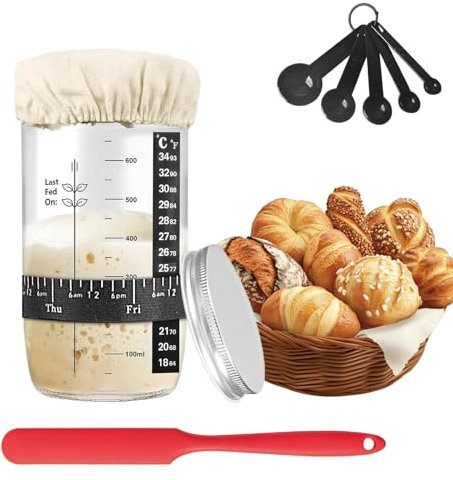 Sourdough Starter Jar Kit, 1000ml Sourdough Starter Jar with Aluminum Lid, Date Marked Feeding Band, Silicone Scraper, Cloth Cover and Thermometer Band, Small Spoon, for Sourdough Bread Baking Supplie
