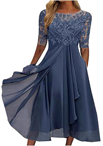 Dresses for Women UK Sexy Lace Chiffon Mesh Patchwork Maxi Dress Plain Half Sleeve Round Neck Long Dress Evening Dress Elegant Party Club Dress Cocktail Rehearsal Dinner Guest Wedding Bridesmaid Gowns