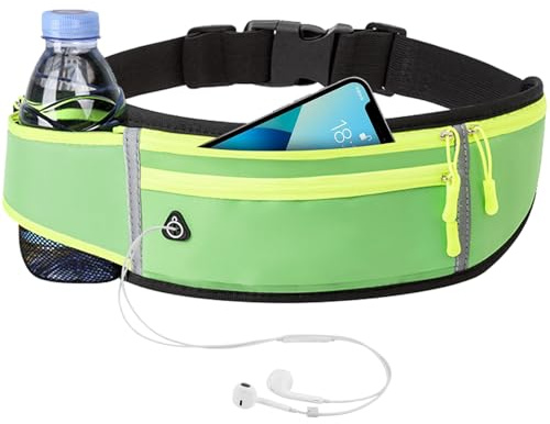 Mayoii Running Belt with Water Bottle Holder, Adjustable Waterproof Sports Waist Pack, for Cycling, and Fitness, Phone Pocket, Reflective Strip, Breathable Quick-Dry Fabric, Earphone Hole (Green)