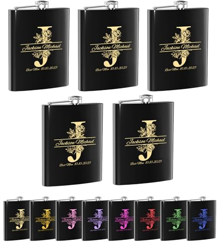 Petacas de Alcohol Personalizada para Hombres de Boda 5 Piezas 8oz Regalos para Novios Día del Padre Cumpleaños Acero Inoxidable Portátil Negro Mate