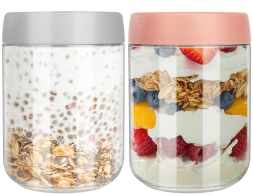 Otauoaea 2pz. Barattoli Vetro con Coperchio - 500ml Overnight Oats Jar - Meal Prep Contenitori Ermetico - Vasetti per Yogurt, Chia Pudding, Avena, Marmellata, Smoothie
