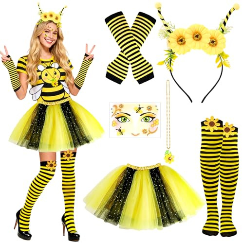 Beipegin 6 Pièces Deguisement Abeille Femme, Déguisement Abeille, Chaussettes Rayées Tutu Bandeau et Collier Abeille Autocollants pour Le Visage