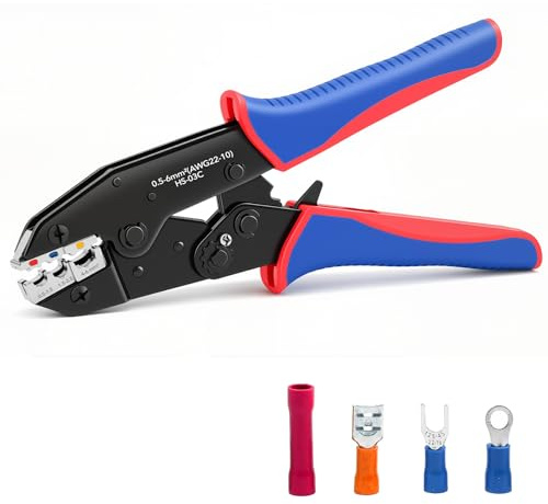 Amliber Wire Crimping Tool for Insulated Electrical Connectors- AWG 22-10 Ratchet Wire Crimper Tool- Racheting Wire Crimps for Insulated Connectors and Terminals