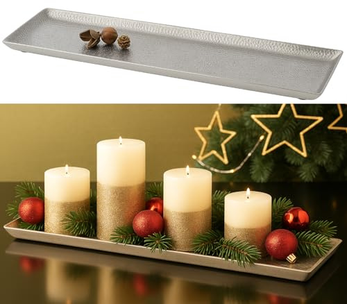 Dekotablett Silber Aluminium gehämmert 51x12 cm – Rechteckiges Kerzentablett & Adventstablett, Dekoteller, Tablett für Kerzen und Weihnachtsdeko