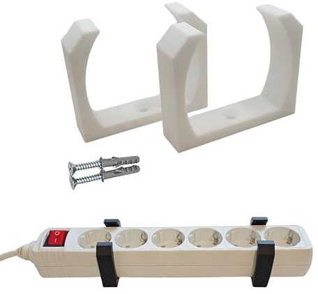 Soporte de pared universal para múltiples enchufes – Juego de 2 tornillos y tacos – Montaje en pared y mesa – Compatible con barras de 3 a 9 enchufes – Fabricado en Alemania (blanco)
