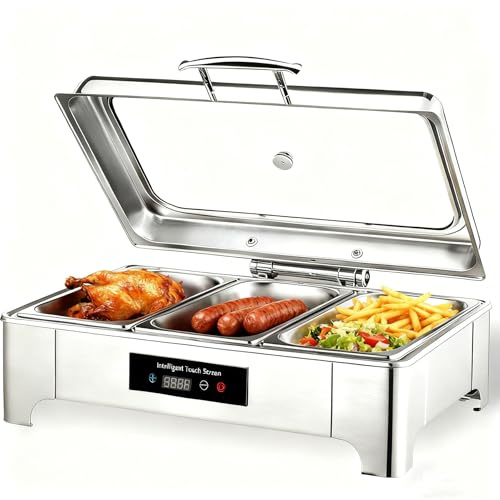 RSHJD Chafing Dish Elektrisch, 9L Edelstahl Warmhaltebehälter Essen Buffet | Kommerziell Speisewärmer Buffetwärmer Elektrisch mit Sichtbarem Glasdeckel und Touchscreen-Temperaturregelung