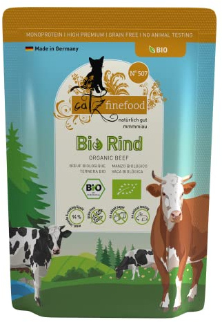 CATZ finefood Organic Bio Nourriture pour Chat au bœuf – Nourriture Humide monoprotéine de qualité Bio pour Chats – Alimentation adaptée aux espèces avec 94% de Viande – Fabriqué en Allemagne (6 x 85