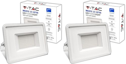 V-TAC Faro LED da Esterno Bianco 50W - [Chip Samsung - Alte Perfomance, Bassi Consumi] - 4300 Lumen - IP65 - Proiettore Faretto LED Nero per Casa, Giardino, Garage - Impermeabile - Luce Fredda