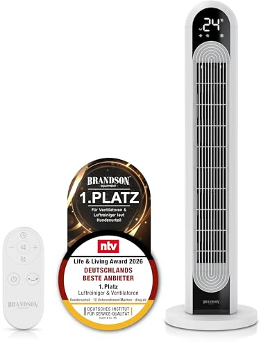 Brandson - DC Turmventilator Eco Design – sehr leise - mit DC Motor – Sieger Ventilatoren und Luftkühler 2026-12 Geschwindigkeiten – 4 Modi normal Natur Schlaf Auto – Oszillation – Fernbedienung
