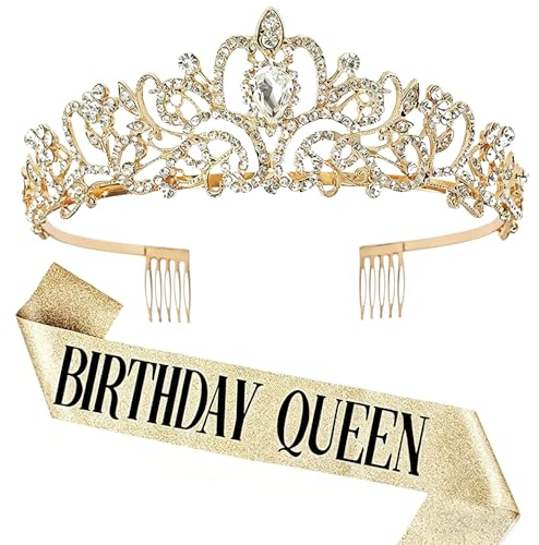 KHstylehoo Birthday Queen, Geburtstagsgeschenk Crown, Geburtstagskrone und Schärpe für Damen, Geburtstagsdeko, Deko Krone Tiara Gold für Mädchen und Erwachsene Geburtstag Glitter Party Dekorationen