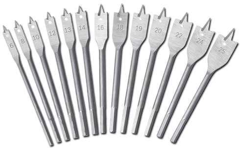 Asheyya 13 Pcs Spade Drill Bit Set, 1/4 Inch Hex Shank High Carbon Steel Wood Drill Bits Set for Woodworking Plastic Chipboard (#6 8 10 12 13 14 16 18 19 20 22 24 25)