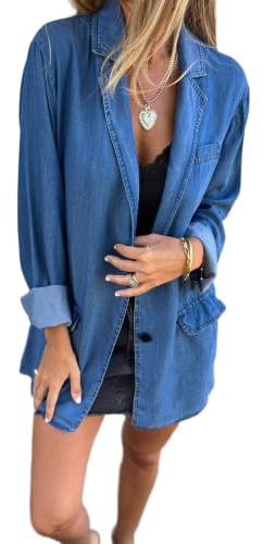 Dam överdimensionerad denimkavaj enkelknäppt jeansjacka | Jeansblazer, överdimensionerad passform, enkelknäppt design, långärmad, fickdetalj