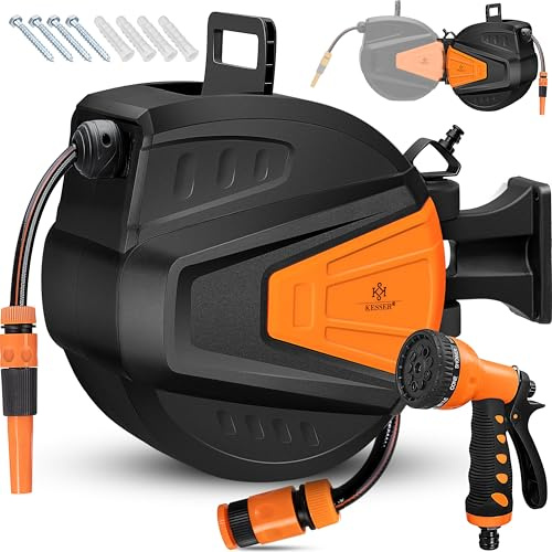 KESSER® Enrollador de mangueras Agua | Ducha de mano múltiple | Giratorio 180° | Tapón de rebobinado | Montaje en la pared | Caja de mangueras de pared | Manguera de jardín, naranja 15 M