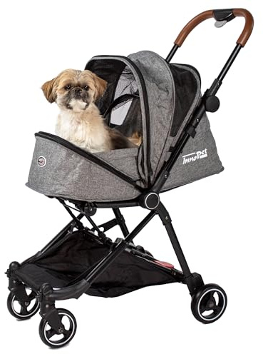 Innopet City Pet Buggy Grigio - Passeggino compatto per cani e gatti da viaggio - Trasporto per cani e gatti di piccola taglia fino a 11 kg - Maniglione in similpelle - Quattro ruote