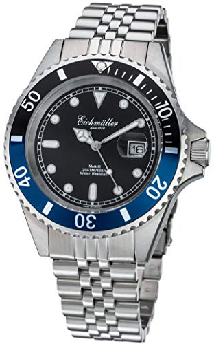 Eichmüller Taucheruhr Silber Lupe Herren Armbanduhr Taucher Uhr Edelstahl 20 ATM Miyota 2115