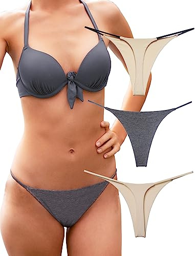 KUKU PANDA Perizoma da Donna Sexy Hot Filo Tanga Mutande in Cotone Senza Cuciture Intimo Pacco da 3 Slip (Serie Bare & Grey, Medium)