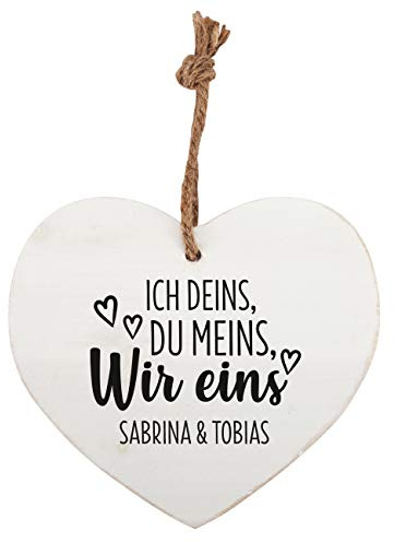 Herz & Heim® Deko Herz zum Hinhängen Weiß Holz mit Personalisierung für Liebende zum Valentinstag Ich deins, Du meins, Wir eins