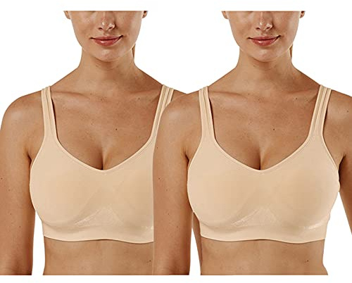 Vertvie Dam 1/2/3 set med enfärgad sportbehå utan bygel, bustier i klassisk modell och bekväm stretch, bh med medium stöd, vadderad må-bra-bh, 2 stycken beige, S