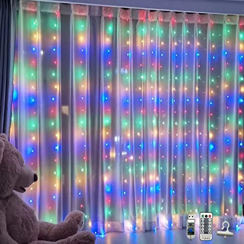 WALCHO Tenda Luminosa, Luci per Tende a LED 2,4x1,8M Alimentata da USB, 8 Modalità e Timer, Luci di Tende Impermeabile IP65, Decorare Natale,Giardino, Feste,Camera da Letto(Multicolore)
