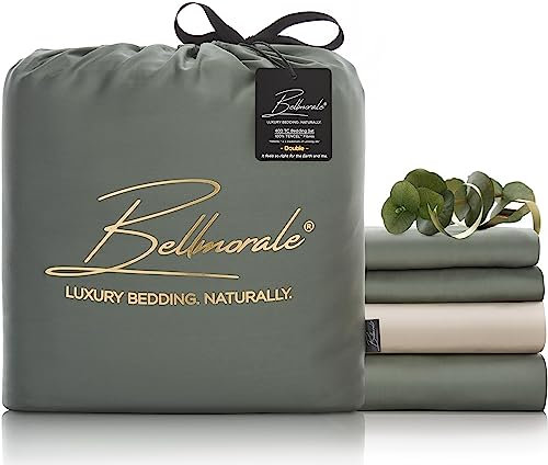 Bellmorale Eucalyptus Silk Bed Set | 400 Thread Count Luxury Tencel Softer than Bamboo Bedding | Soothing Natural Sateen Sheets | Lyocell Duvet Cover Sets | Green/Beige, King Size