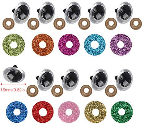 Zwinner Sicherheitsaugen, 300 Stück gefüllte Tieraugen-Set mit Buntem Glitzer-Unterlegscheiben-Zubehör, Puppenaugen aus Kunststoff, Häkelaugen für Amigurumi,Puppen,Plüschtiere und Teddybären(16MM)