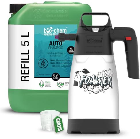 Bio-Chem bilschampo 5 l behållare + skumspruta | för professionell bilrengöring I pH-neutral och biologiskt nedbrytbar I aktivt skum för mild, kraftfull biltvätt och bilvård