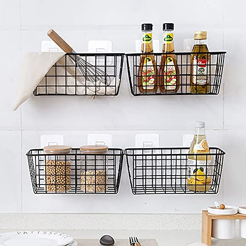 KinHall 4 Stück Wand-Aufbewahrungskorb, Wandregal Badezimmerregalhalter Schwebende Regale Metalldrahtgestell, Hängeregal, Duschkorb, stanzfrei für Büro, Wohnheim, Badezimmer, Küche, schwarz