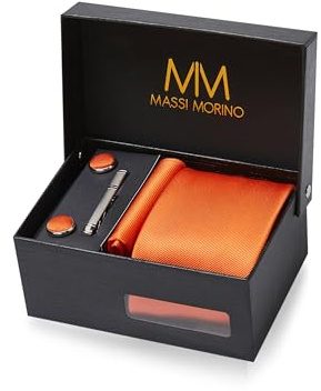 Massi Morino Krawatte mit Einstecktuch Set Herren inkl. Manschettenknöpfe, Krawattennadel und Geschenkbox - Männer Krawattenset zur Hochzeit