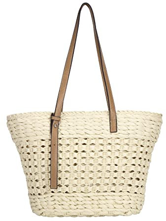 Ayakizi Stroh Strand Schultertasche Tasche, Damen Sommer Handtasche Weben Eimer Korbtasche Basttasche Casual für Outdoor Reise Schule Arbeit Einkaufen (Beige)