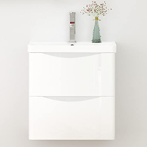 Biubiubath Badmöbel Set Waschtisch mit Unterschrank 50x34,5x50cm(BxTxH), Hängend Hochglänzend Weiß-Unterschrank mit Waschbecken 2xSorft-Close Schublade gefräste Griffe