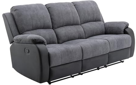 Vente-unique-Divano 3 posti relax in Microfibra e Similpelle Grigio e Nero - BRODY