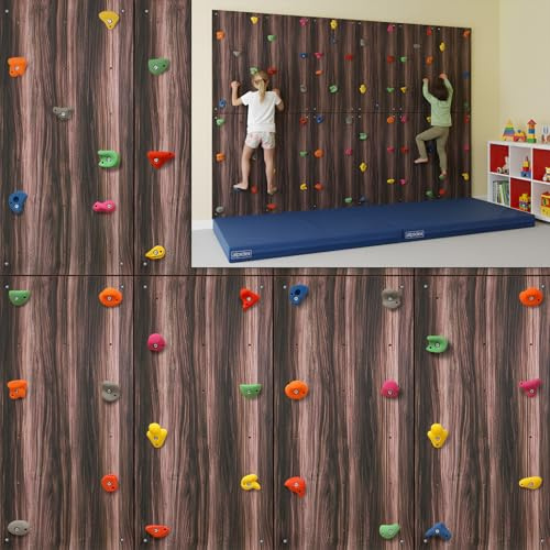 ALPIDEX Kletterwand Komplettset ab 1,44 qm in Natur/Weiß/Braun Klettergriffe Befestigungsmaterial inklusive, unbegrenzt erweiterbar Kinder Erwachsene, Veredelt Holzoptik|8 Paneele (5.76 m²)|48 Griffe