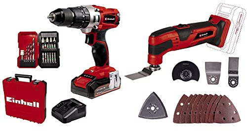 Einhell Power X-Change 44Nm Cordless Drill Driver with Battery and Charger & Power X-Change Cordless Multi Tool - 18V Multi-Use Cutting and Sanding Tool for Wood, Plastic and Metal