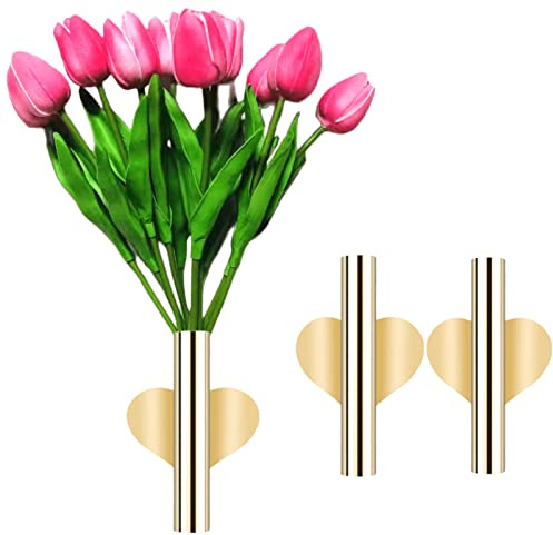 2 Pcs Gold Wall Decor, Plant Wall Vase Metal Tube Decoration Holder Used to Display Dried Flowers, Fake Flowers, Also Suitable for Gravestone Memorial Decoration (Heart-Shaped Gold)