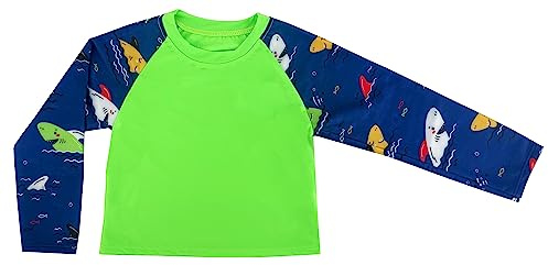 6016 Kinder T Shirt mit UV Schutz, Langarm Badeanzug, Surfen, Schwimmen, Strand, Grün, Fluo Shark, 2 Jahre