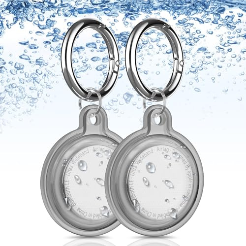 AXFEE 2-pack 360° skyddsfodral för AirTag, vattentät TPU AirTag-hållare, stötsäkert och reptåligt fodral med nyckelring och metallkatabiner, airtag-hållare, skyddsfodral, för barn, nyckel,