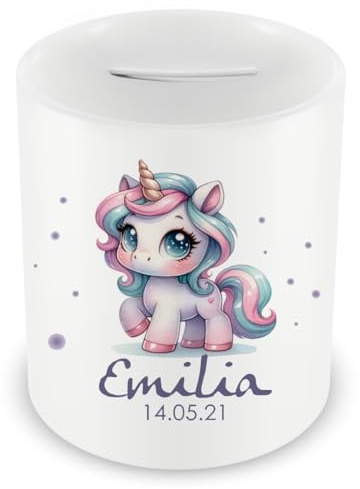 Samunshi® Kinder Spardose mit Namen und Baby Einhorn als Motiv für Kinder - Jungen und Mädchen Sparschwein 330ml weiß